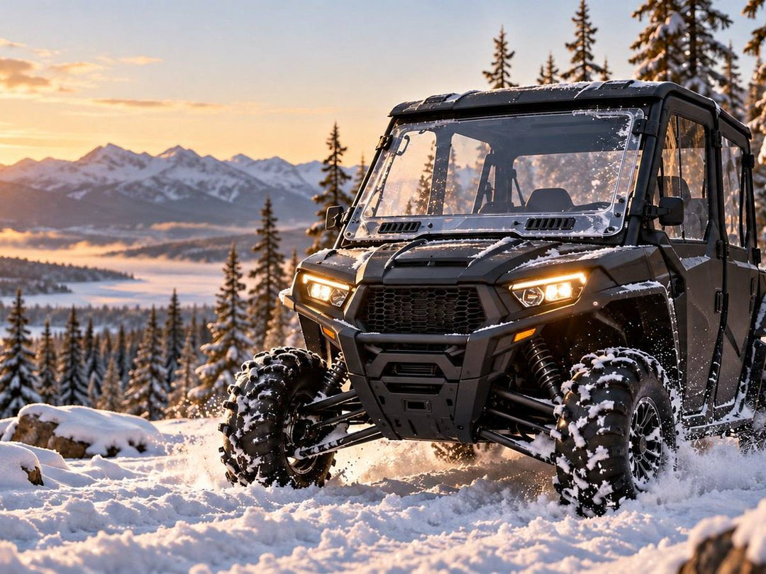 UTV with a full windshield driving through snow in winter