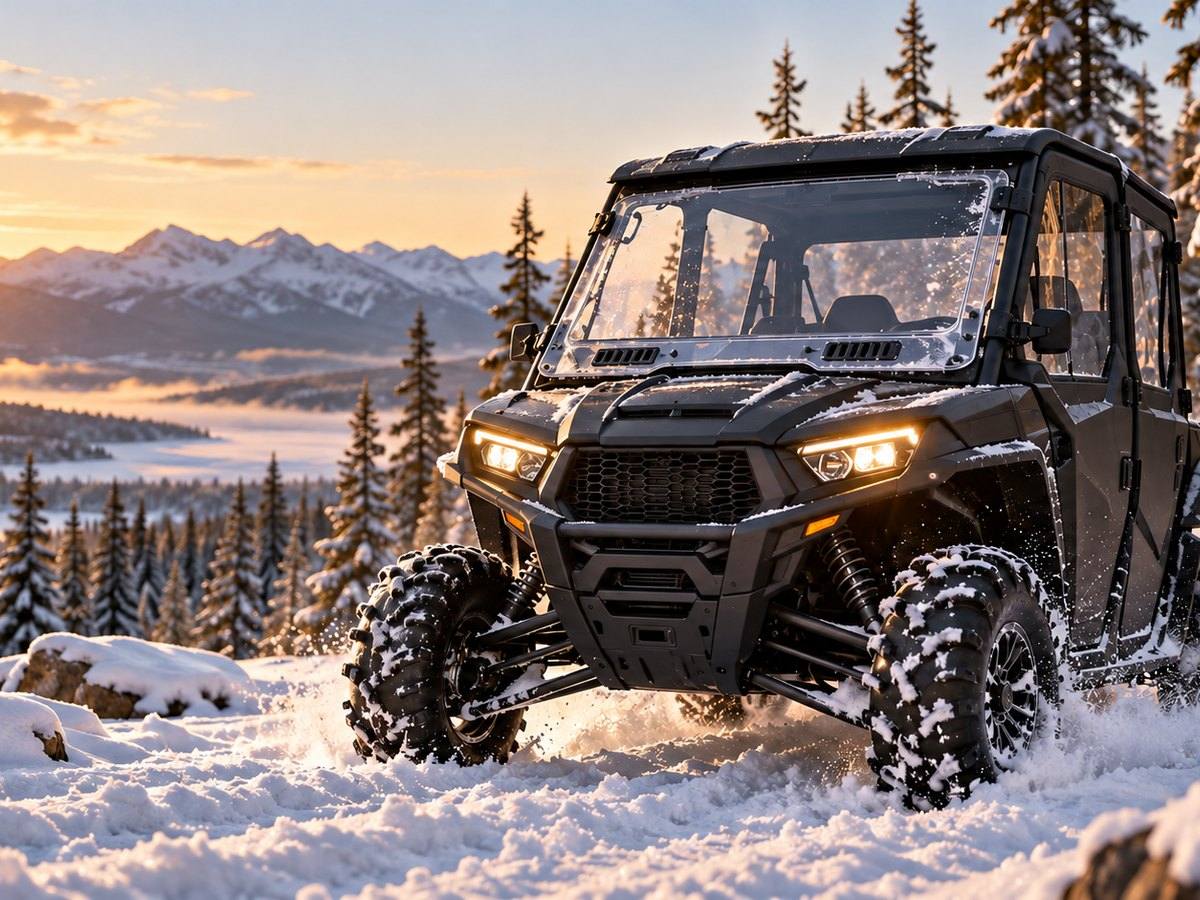UTV with a full windshield driving through snow in winter