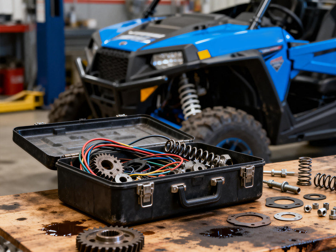 Toolbox with scattered parts in the garage