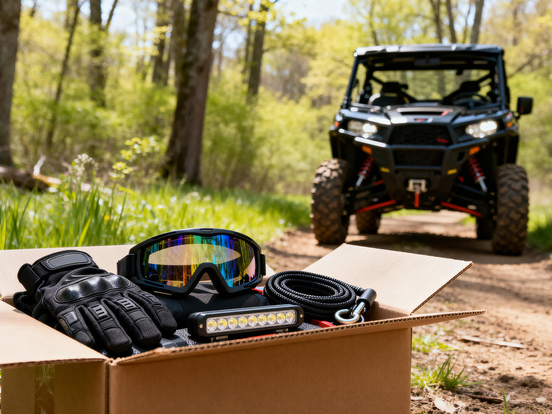 A box of essential UTV accessories for spring riding