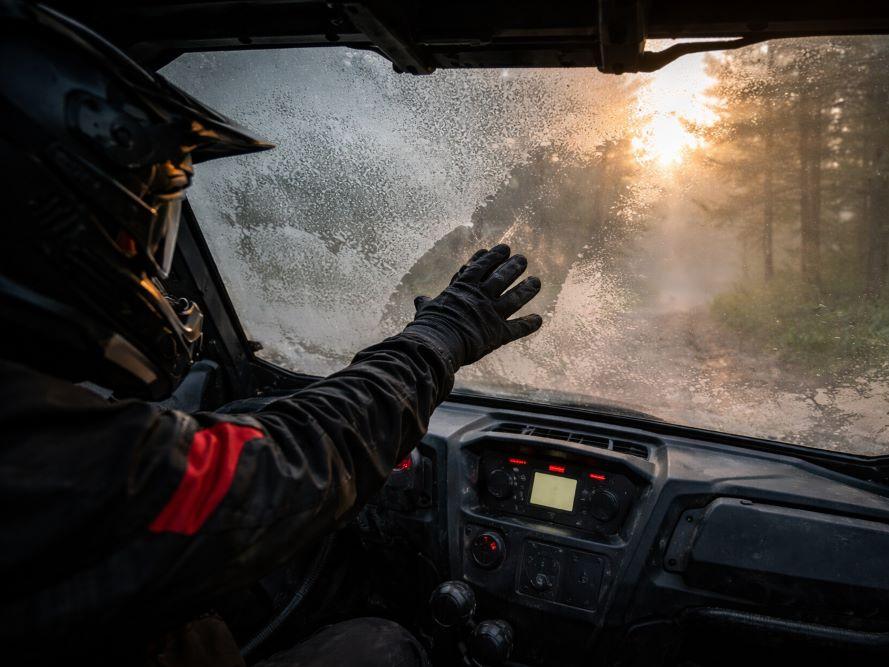 Rider wiping a fogged UTV windshield on a cold morning trail at sunrise.