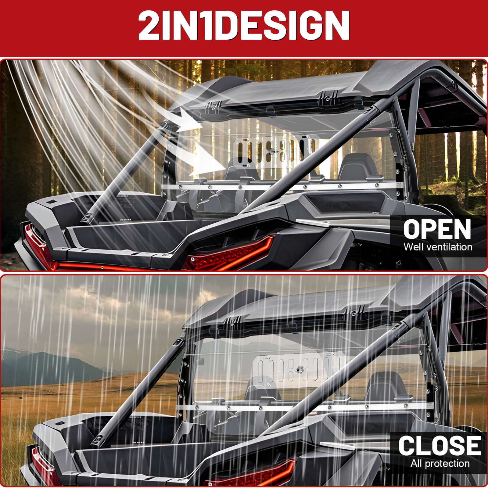 2024 rzr xp 1000 rear vent windshield 2-in-1 design 