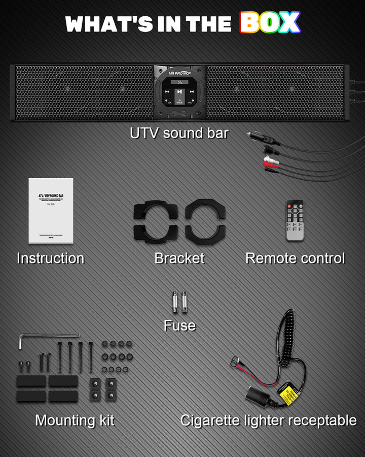 UTV bluetooth sound bar package includes