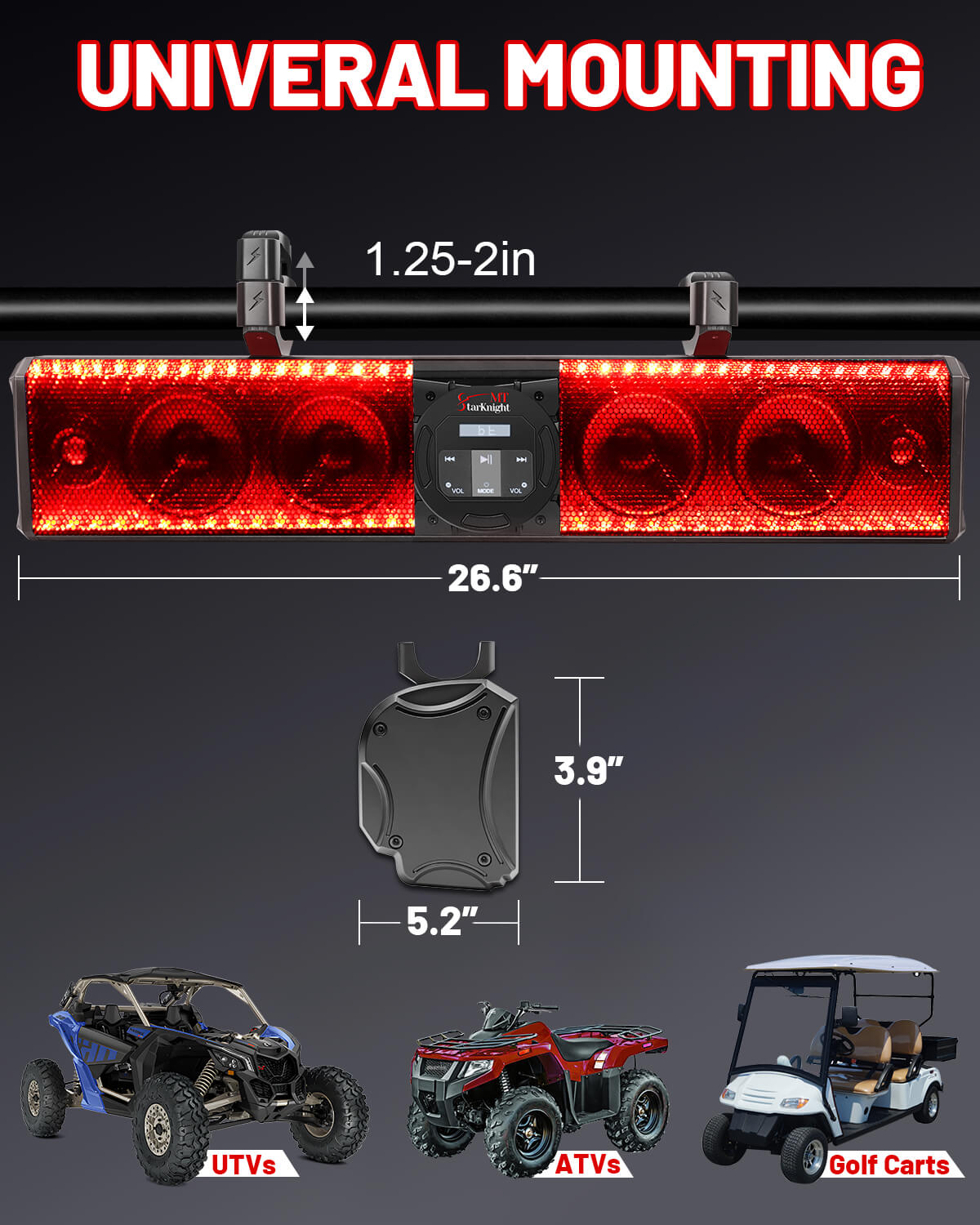 6 speaker utv sound bar fit 1.75-2 inch roll cage