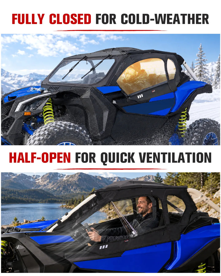 Can-Am Maverick X3 Soft Cab Enclosure with Upgraded Straight Zipper fully closed and half-open