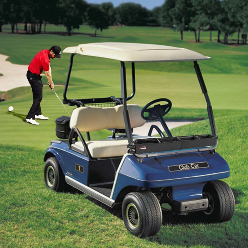 Golfer using golf cart equipped with StarknightMT front storage basket on green course