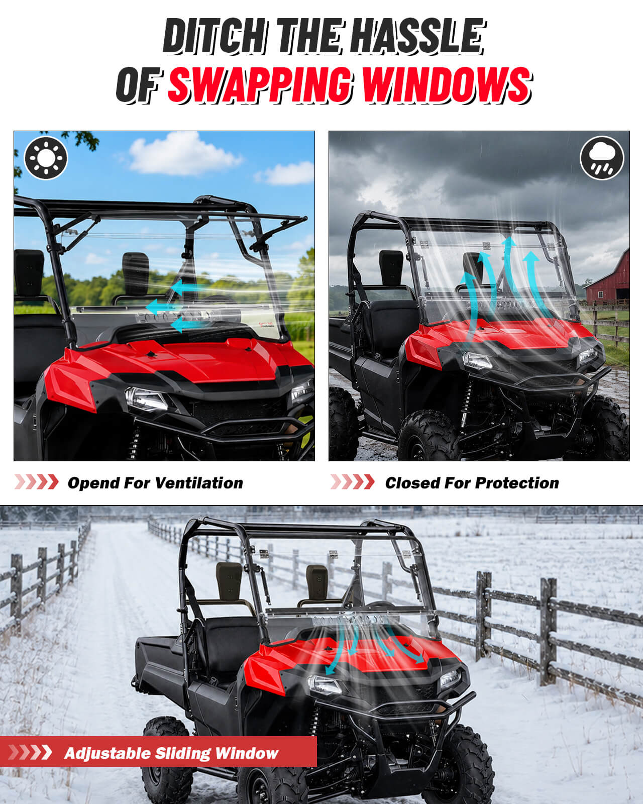 Honda Pioneer 700/700-4 Flip-Up Windshield With Vent Opend  and closed