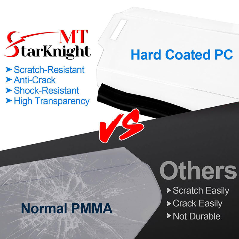 Comparison of StarknightMT hard-coated polycarbonate windshield versus standard PMMA, highlighting superior resistance and durability features