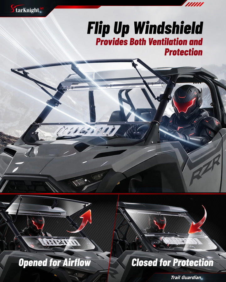 Polaris RZR Pro XP Flip-Up Vented Windshield open and close