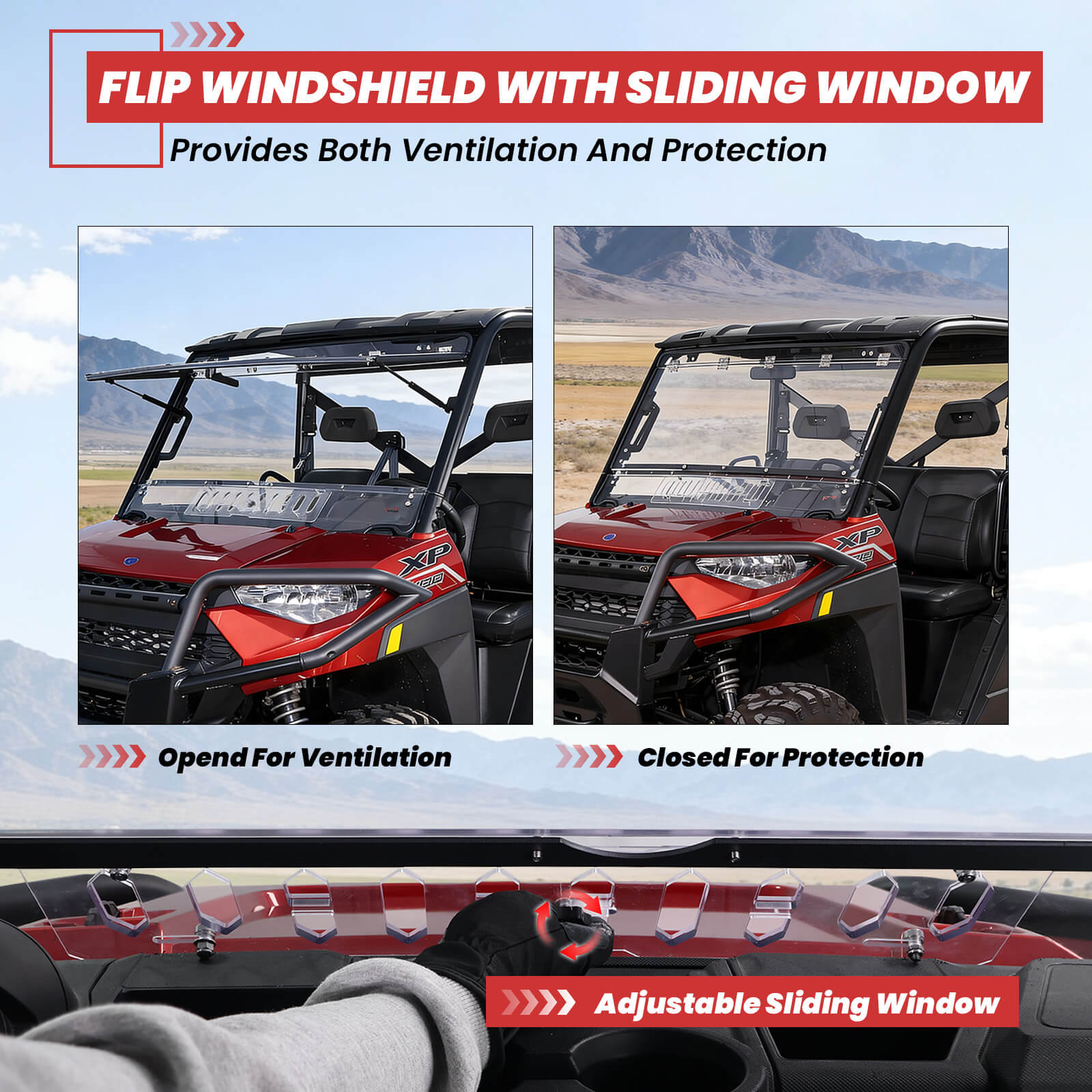 Polaris Ranger Crew Flip Windshield with Sliding Window Features