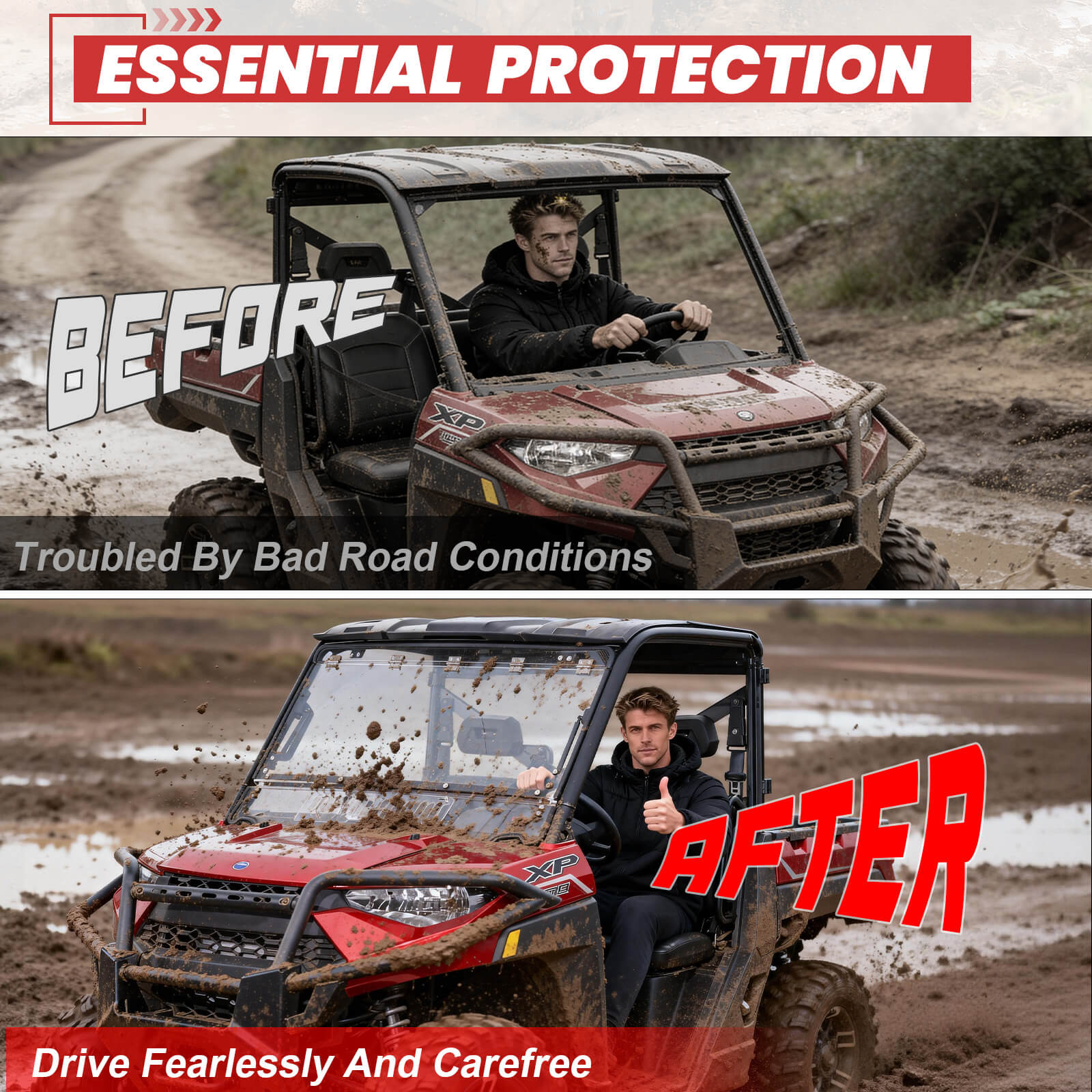 Before and after comparison install Polaris ranger flip windshield 