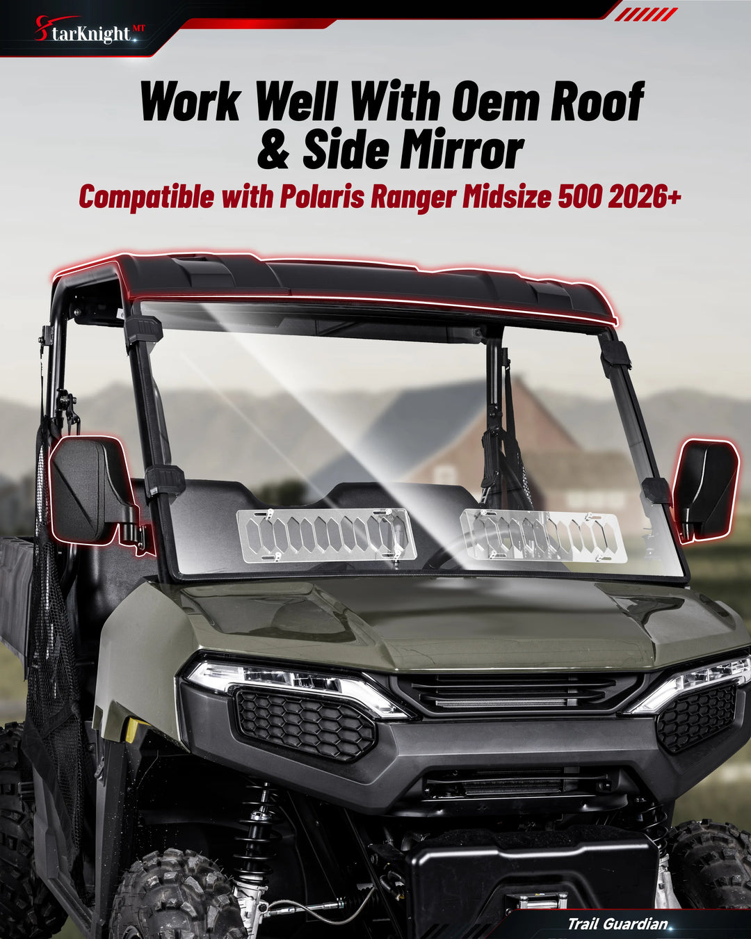 2026+ Polaris Ranger 500 Vented Windshield  work well withe roof and mirror