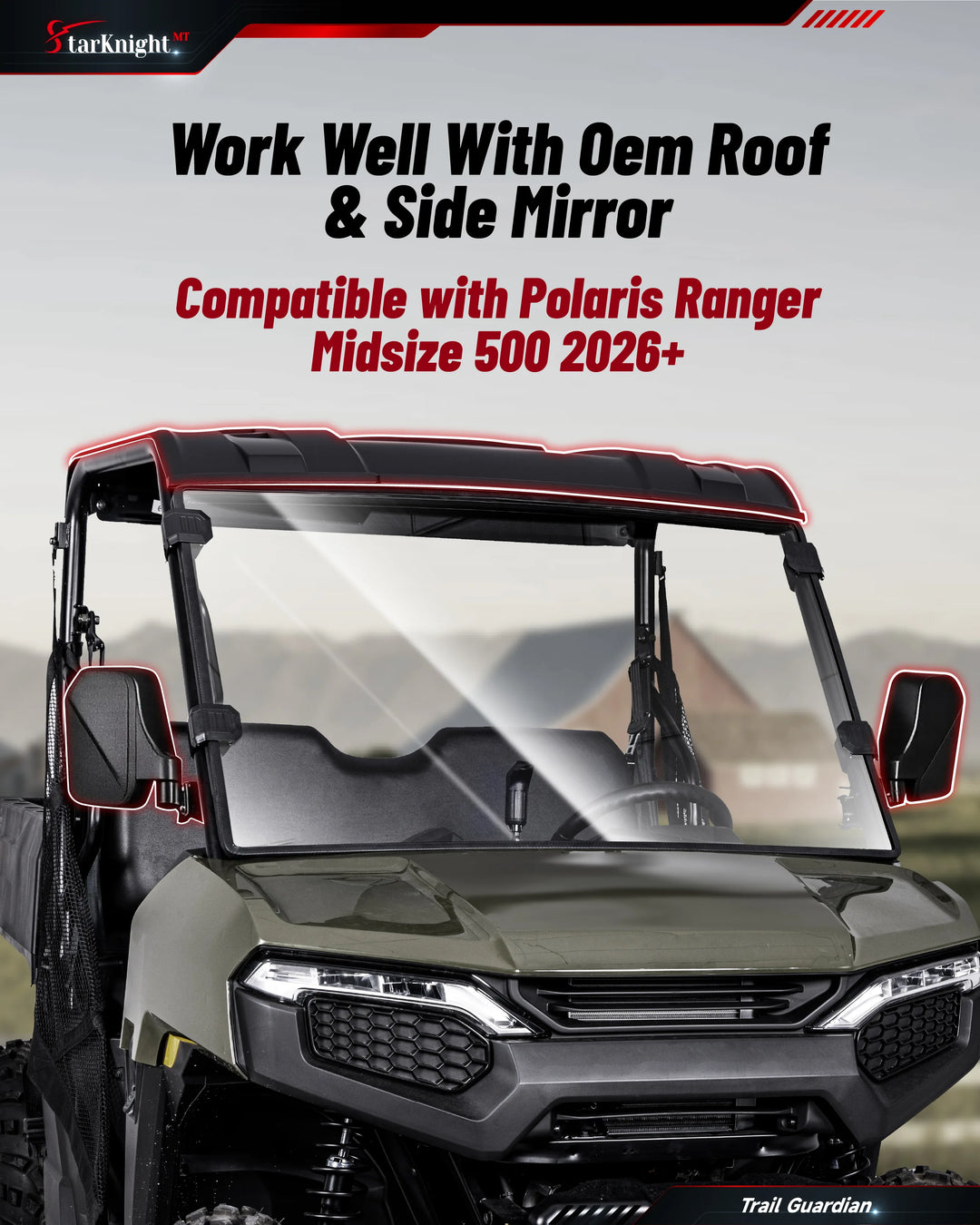 Polaris Ranger 500 Full Windshield (2026+) fit with roof and mirror