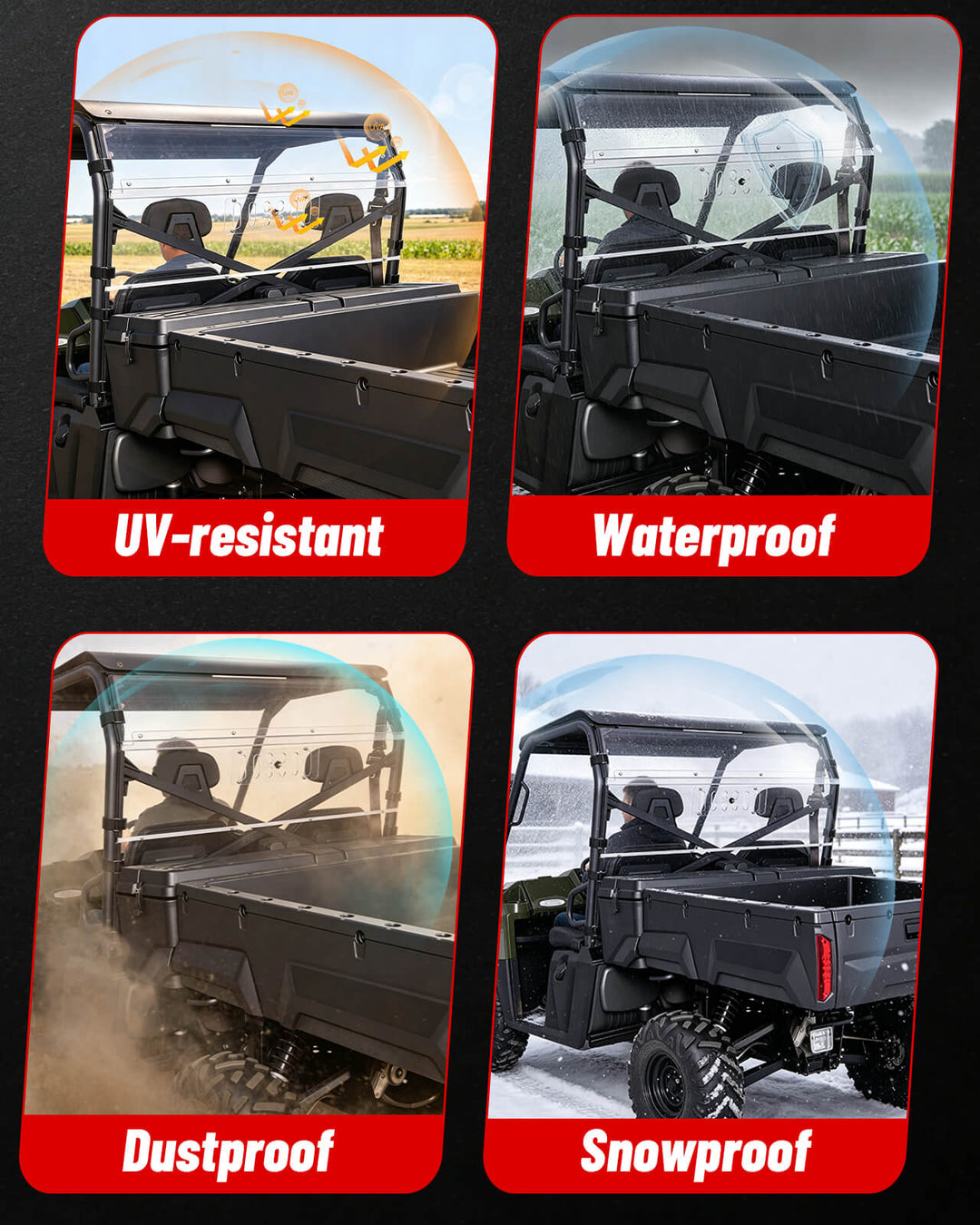 Polaris Ranger Full Size 570 Vented Rear Windshield  UV &amp; waterproof