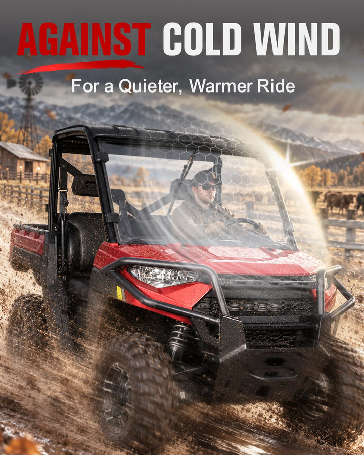 Polaris Ranger 1000 full windshield with manual wiper against cold wind