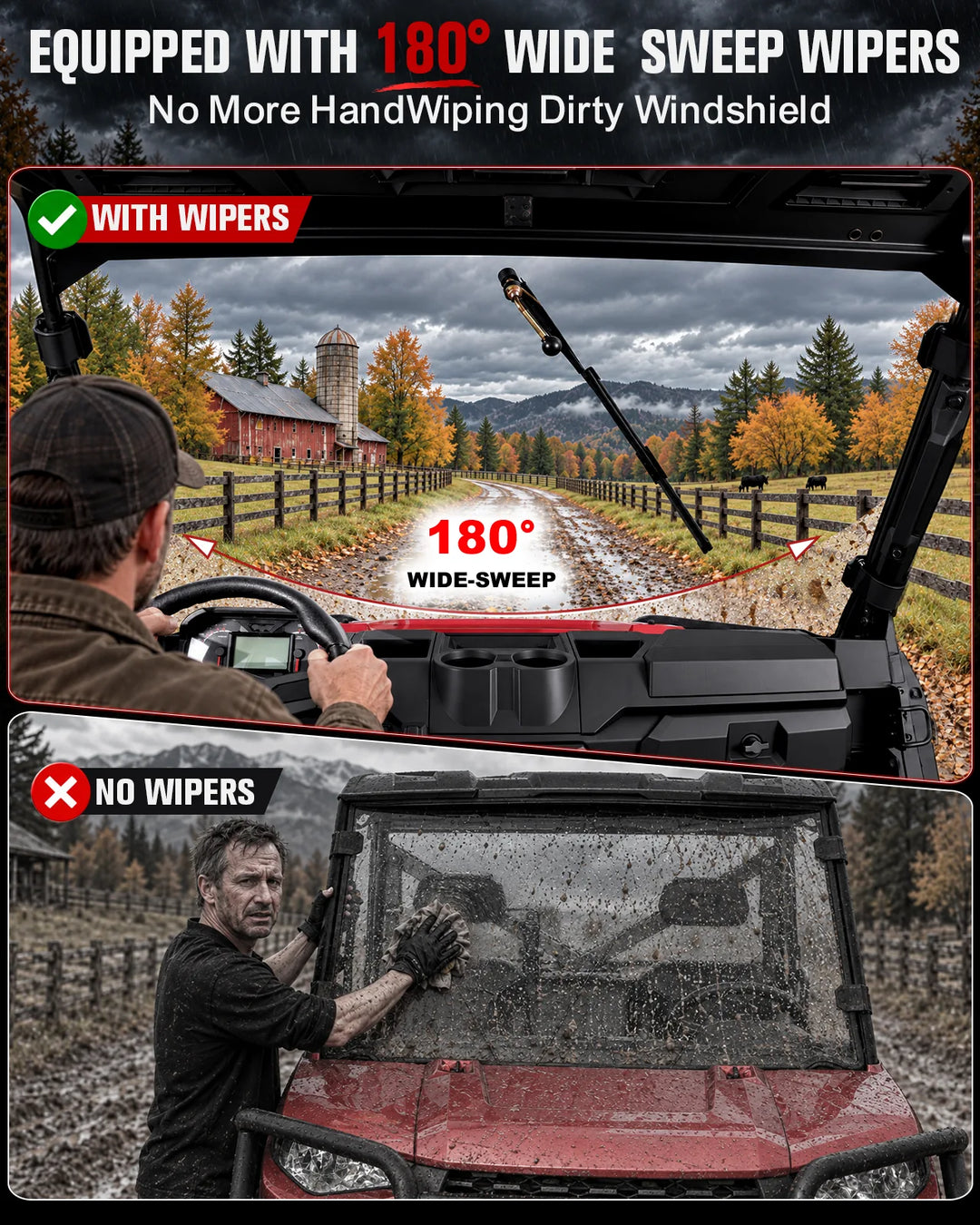 Polaris Ranger 1000 full windshield with 180 sweep wiper 