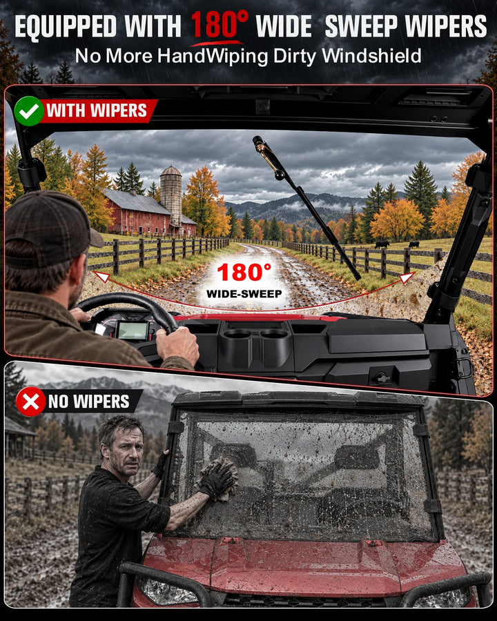 Polaris Ranger 1000 full windshield with 180 sweep wiper 
