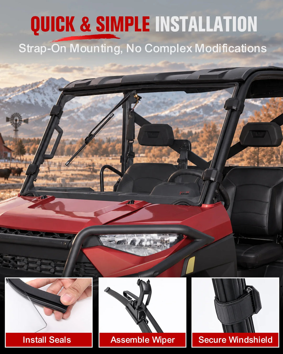 Polaris Ranger 1000 full windshield with manual wiper simple installation