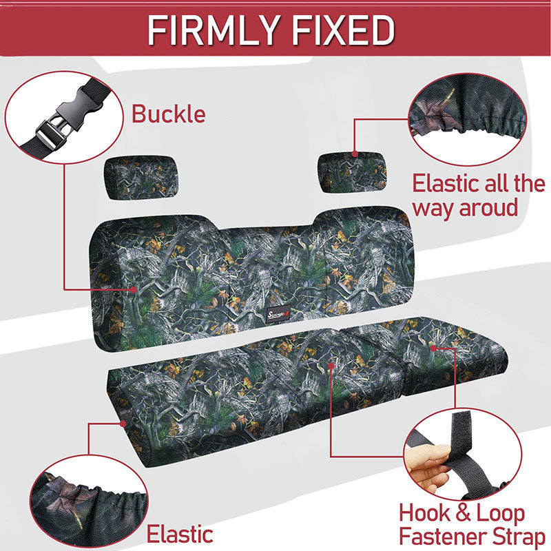 Durable, functional Polaris Ranger 1000 camo seat cover with secure buckle and elastic features for easy installation