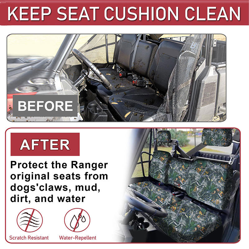Before and after demonstration of Polaris Ranger with durable camo seat covers protecting against pet scratches, mud, and moisture