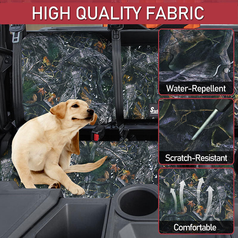 High-quality fabric features of Polaris Ranger 1000 camo seat covers demonstrating water repellency, scratch resistance, and comfort with a dog enjoying the seat