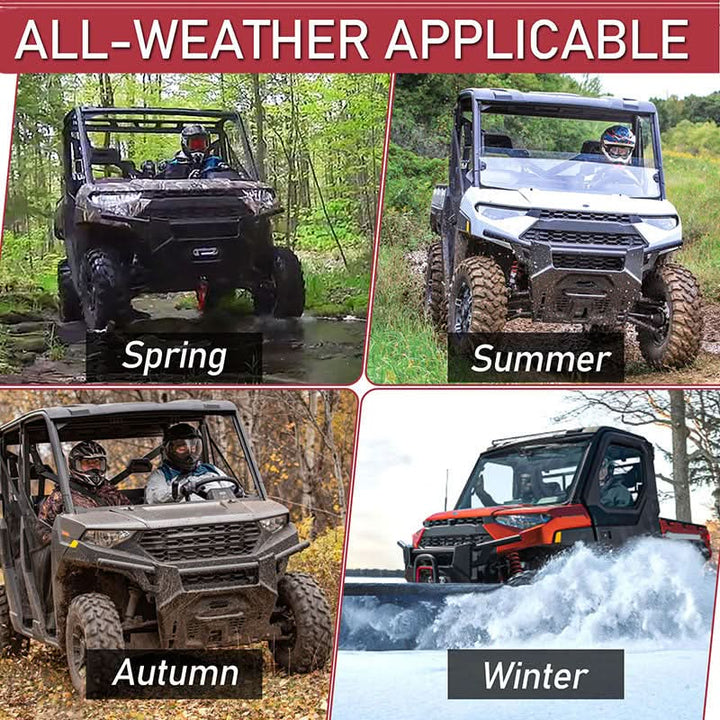 All-season demonstration of Polaris Ranger with camo seat covers in spring, summer, autumn, and winter conditions