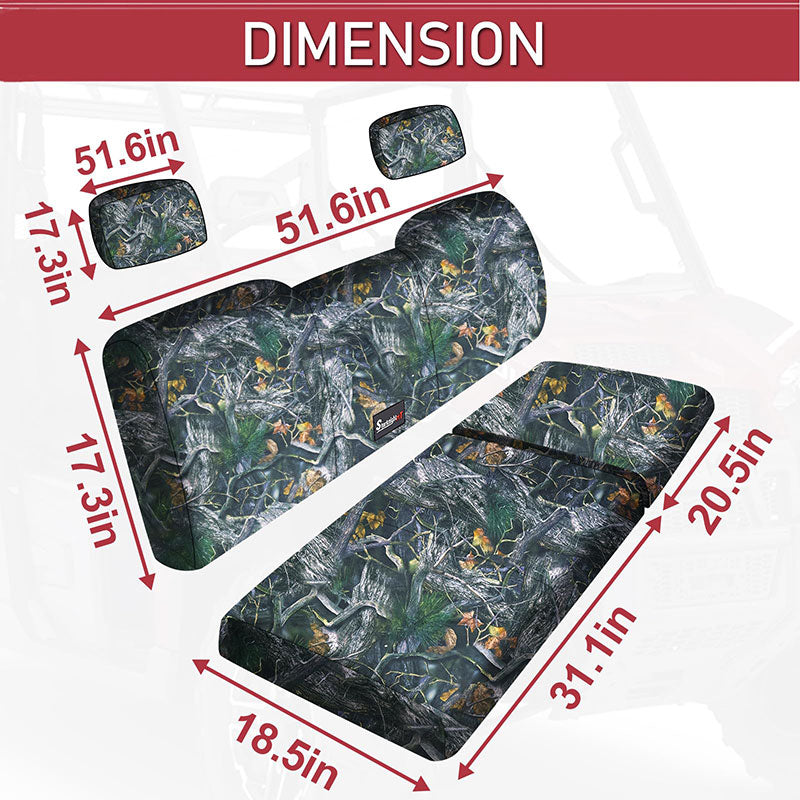 Dimensions of camo seat covers for Polaris Ranger XP 1000 with detailed measurements and realistic foliage design, compatible with front seats.