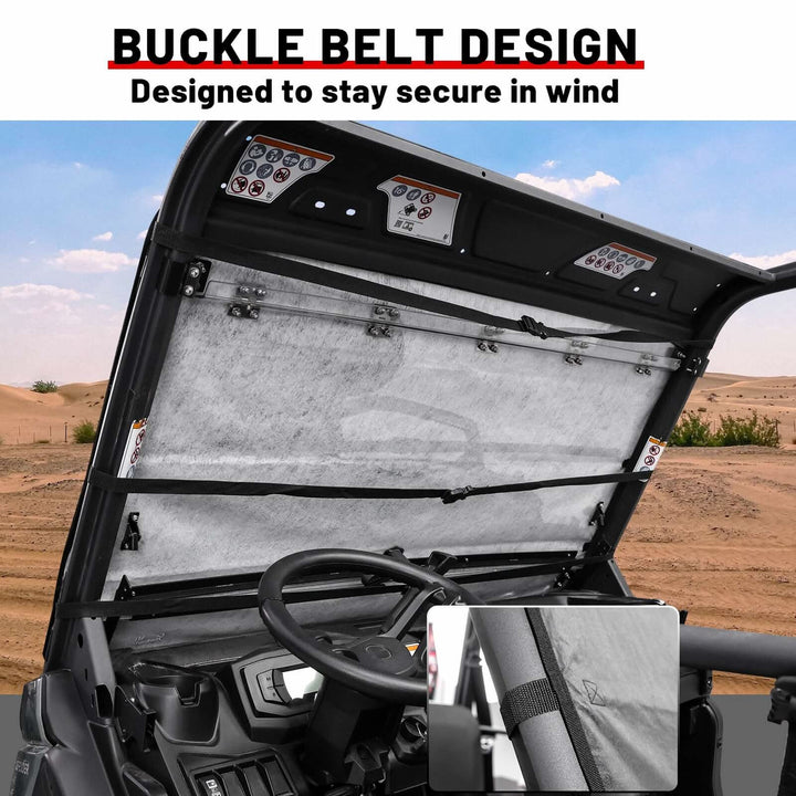 Polaris ranger windshield snow cover buckle belt design feature.