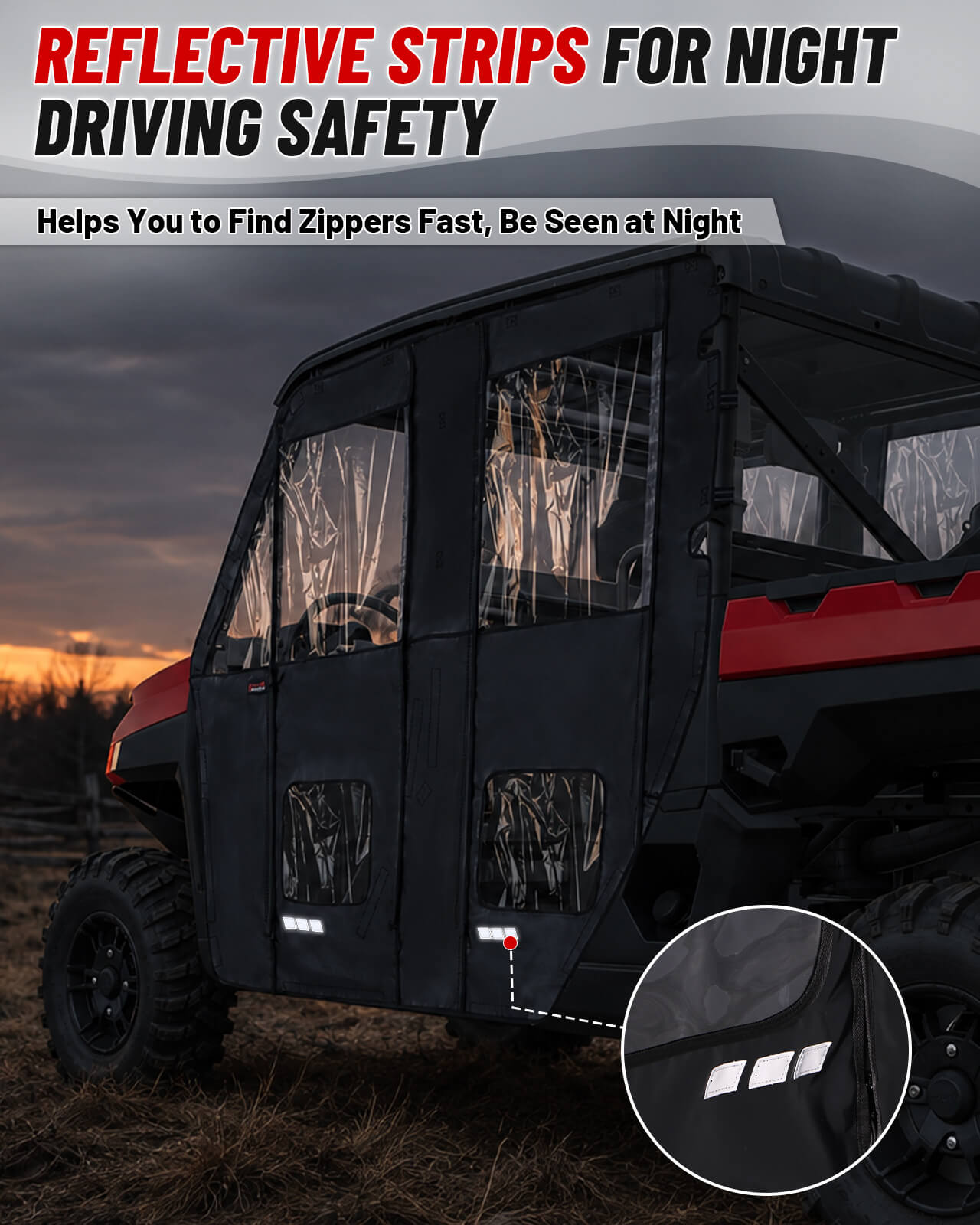 StarknightMT Polaris Ranger Crew XP 1000 Soft Cab Enclosure reflective strips for night driving safety