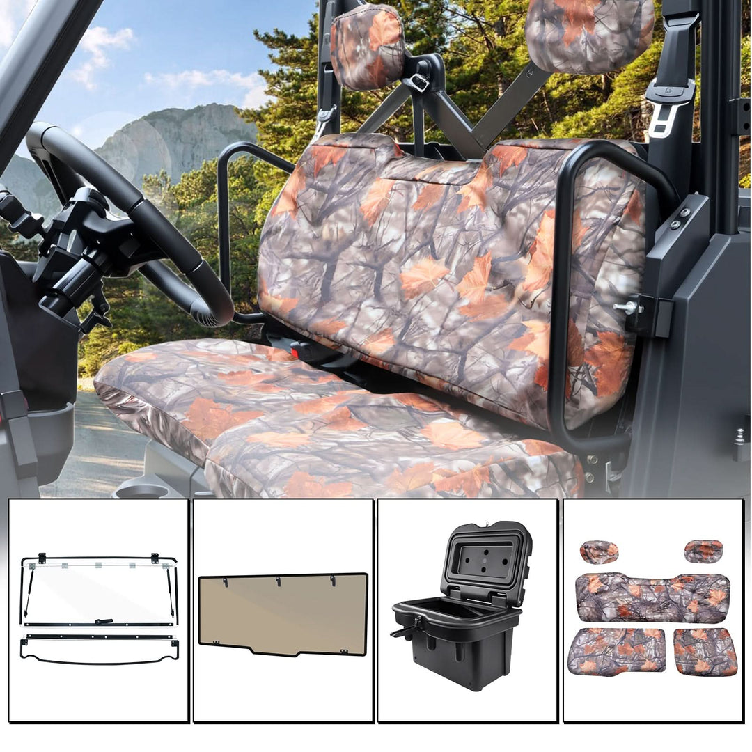 StarknightMT's Ranger XP/1000 Ultimate Farm Comfort Bundle: Flip Front & Rear Tint Windshields, Storage Box, Maple Leaf Seat Covers