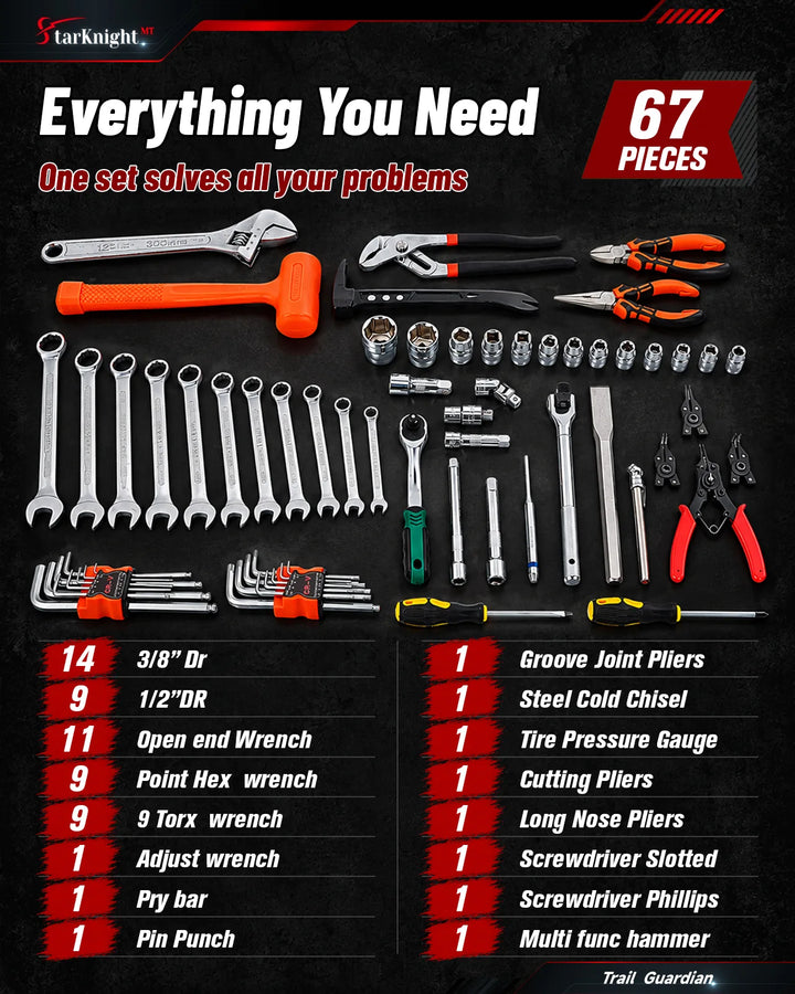 Universal ATV/UTV Tool Kit with Roll-Up Pouch 67 Pieces
