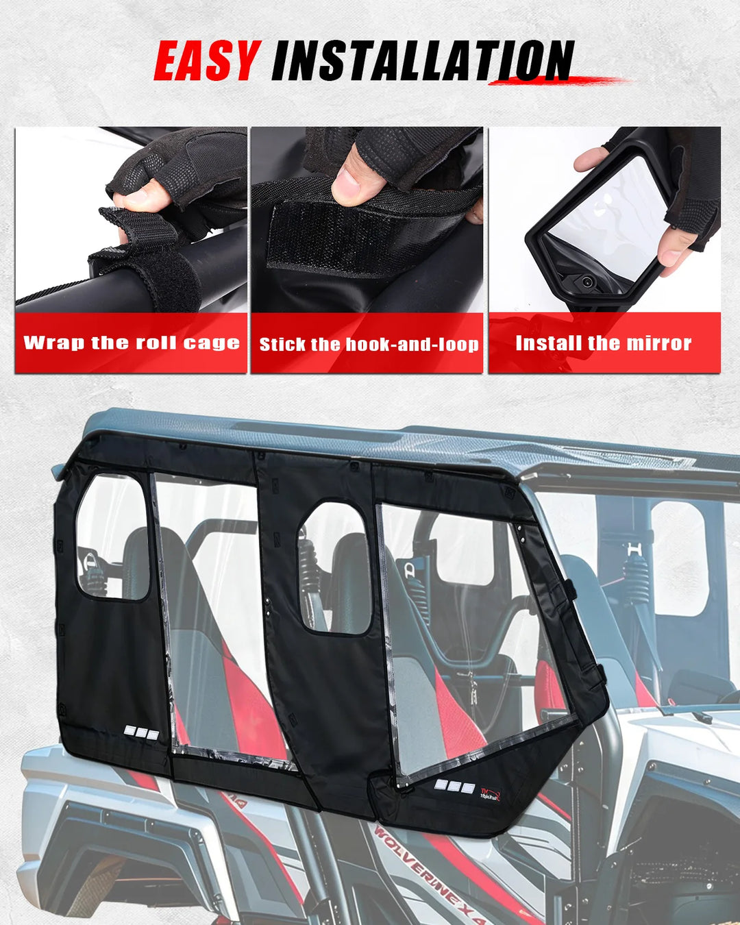 Easy to install the StarknightMT Yamaha Wolverine X4 Soft Upper Doors 