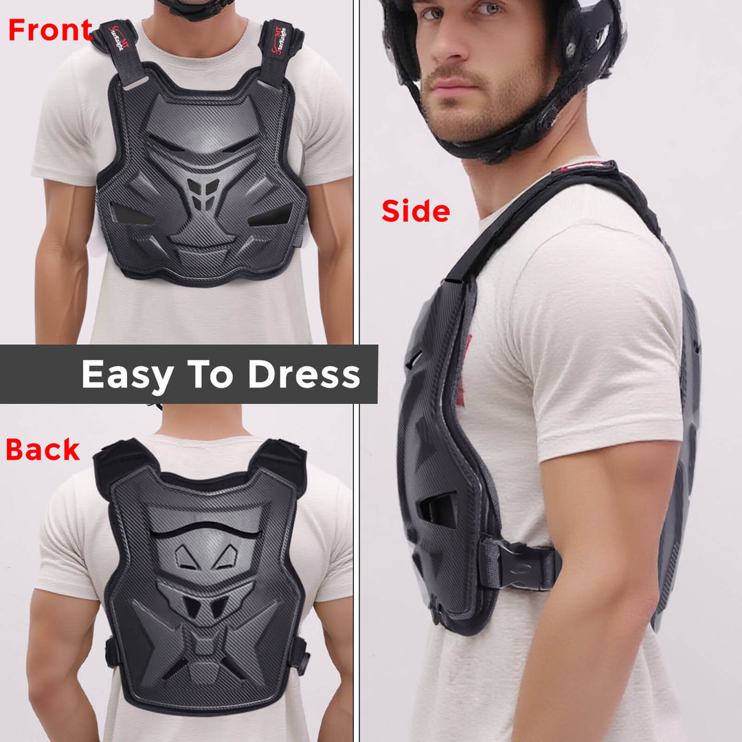 Motorcycle armor vest shown from front, side, and back 