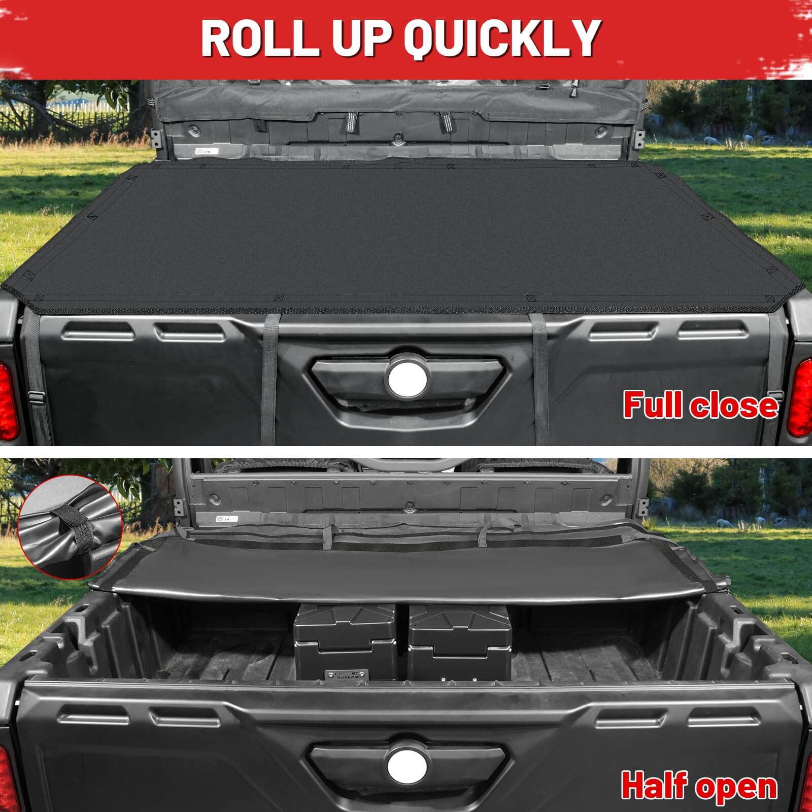 defender soft cargo bed cover showing full close and half open positions.