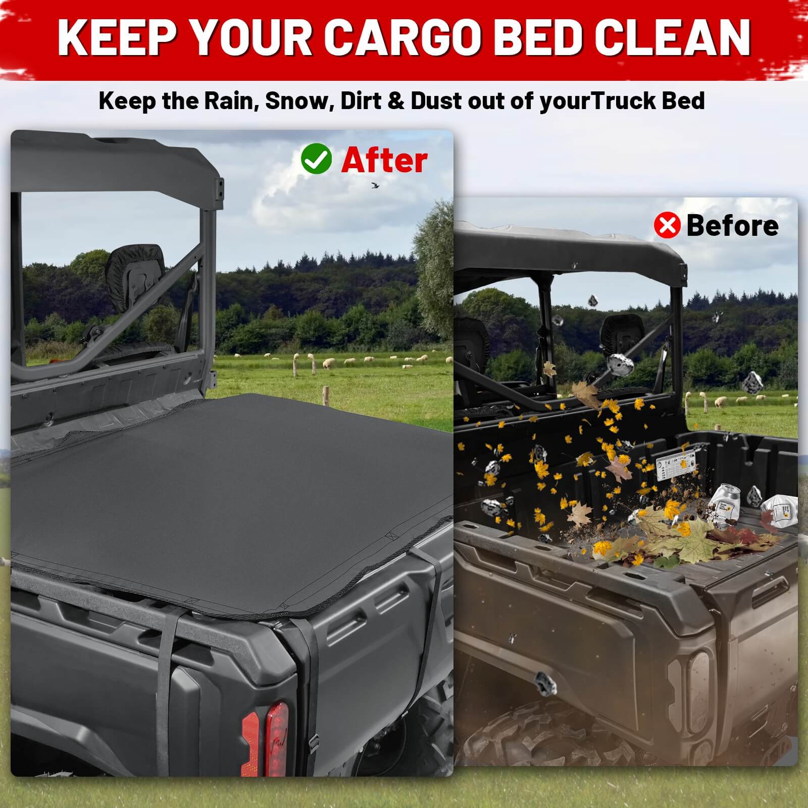 Before and after comparison of install defender cargo cover, showing clean and dirty states.