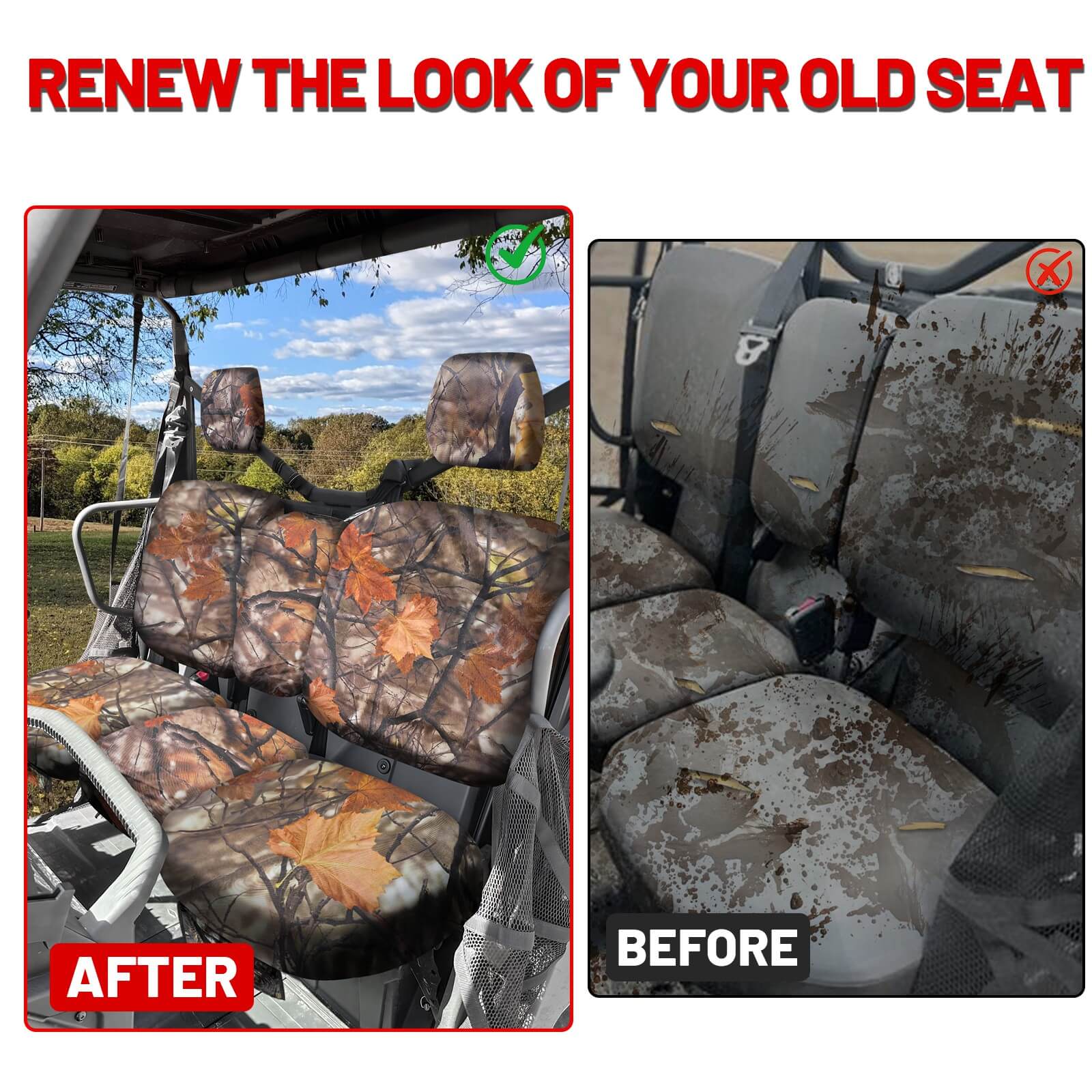 before and after look of install defender HD maple camo seat covers