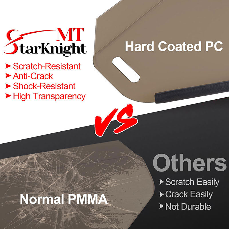 Comparison of StarknightMT's superior scratch-resistant and high-transparency hard coated PC windshield versus less durable normal PMMA windshield
