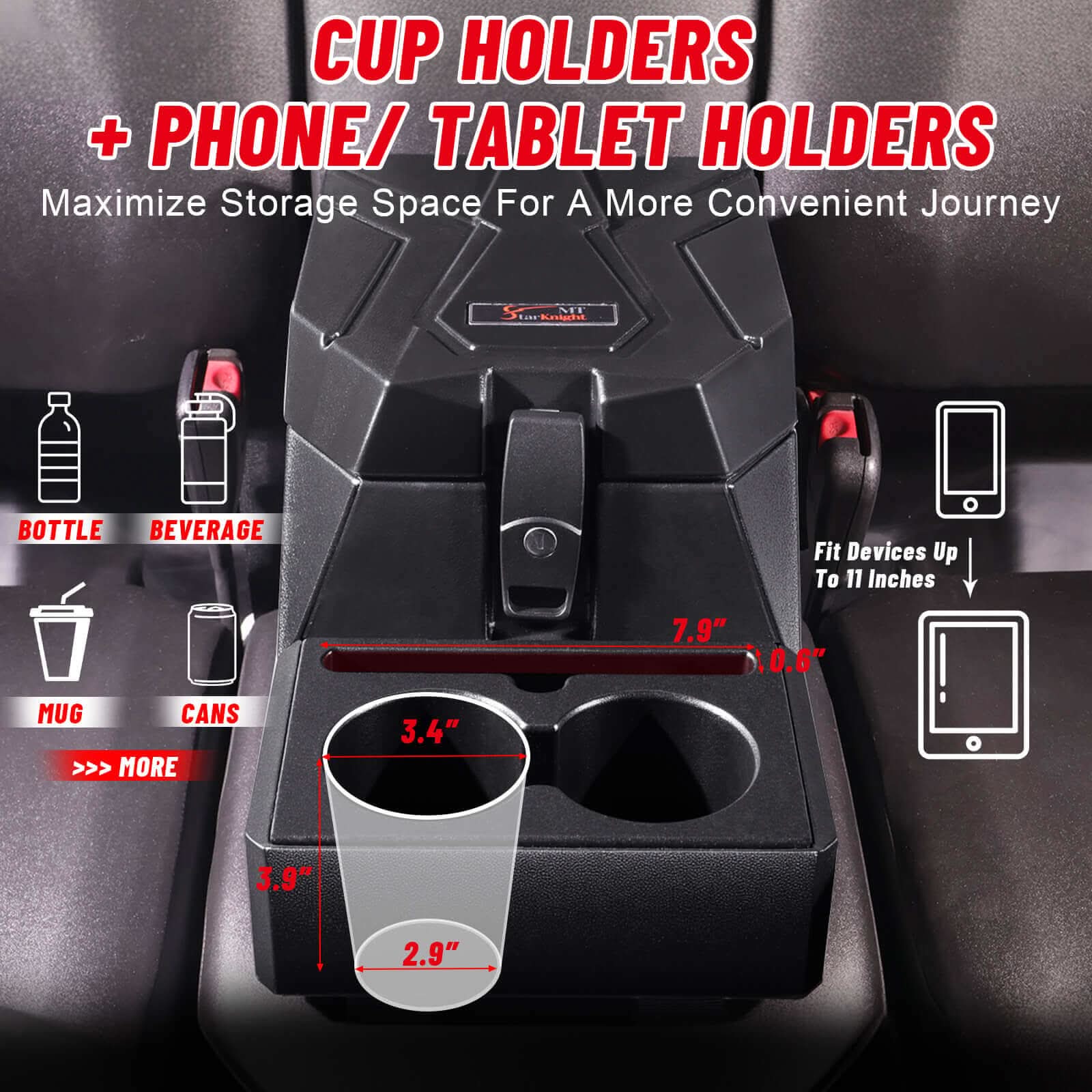 cfmoto uforce console box with cup holders and phone holders
