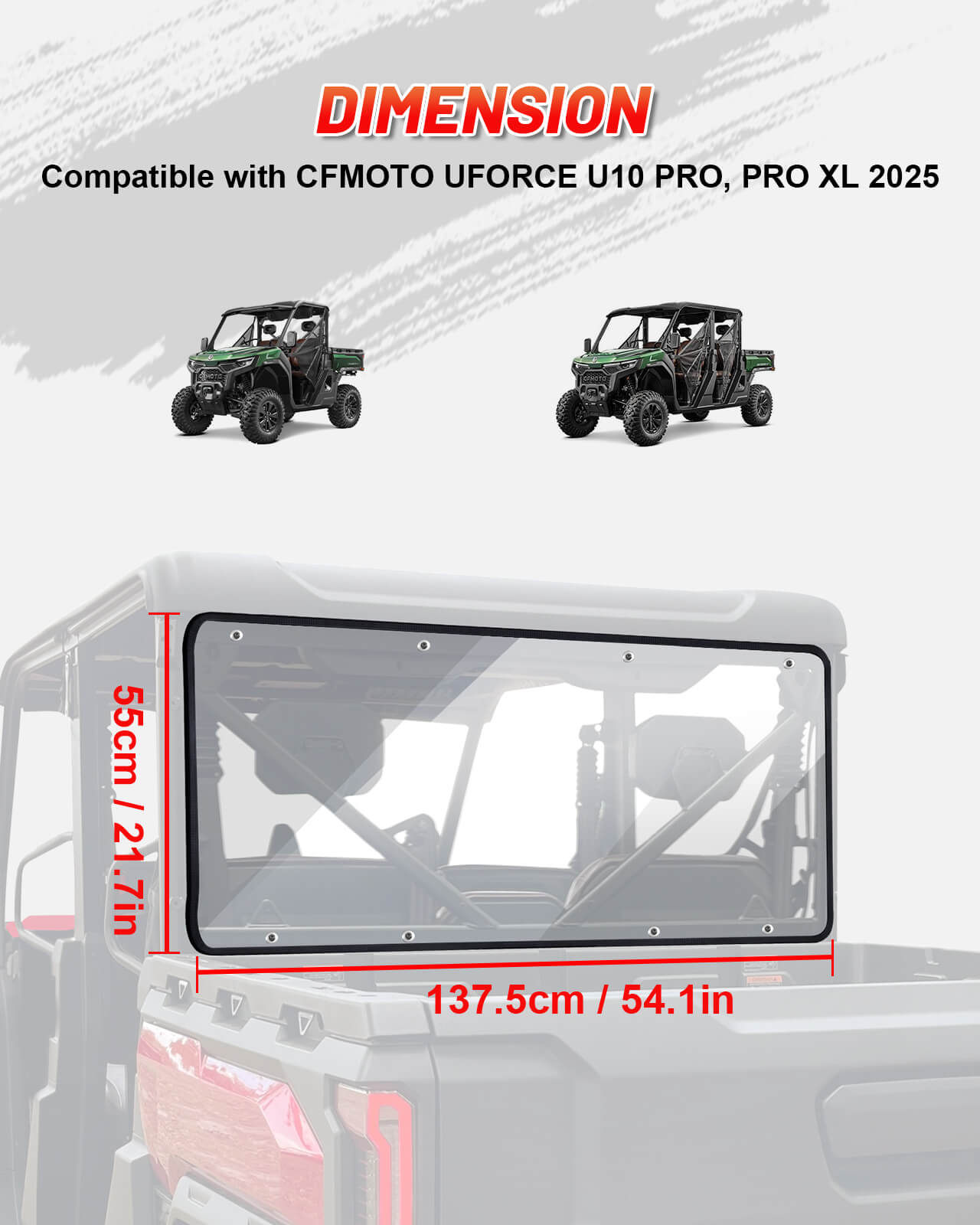 Dimensions of  rear windshield for CFMOTO UFORCE U10 PRO and PRO XL 2025 