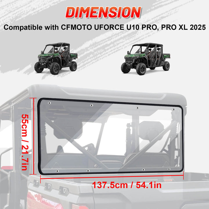 Dimensions of  rear windshield for CFMOTO UFORCE U10 PRO and PRO XL 2025 