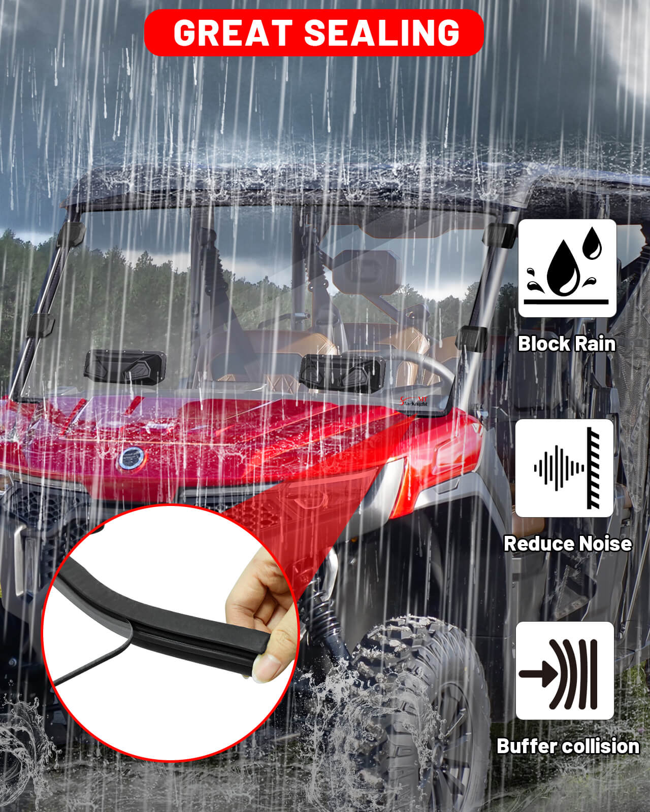  u10 pro windshield rainproofing feature, showing rain blocking and noise reduction effects.