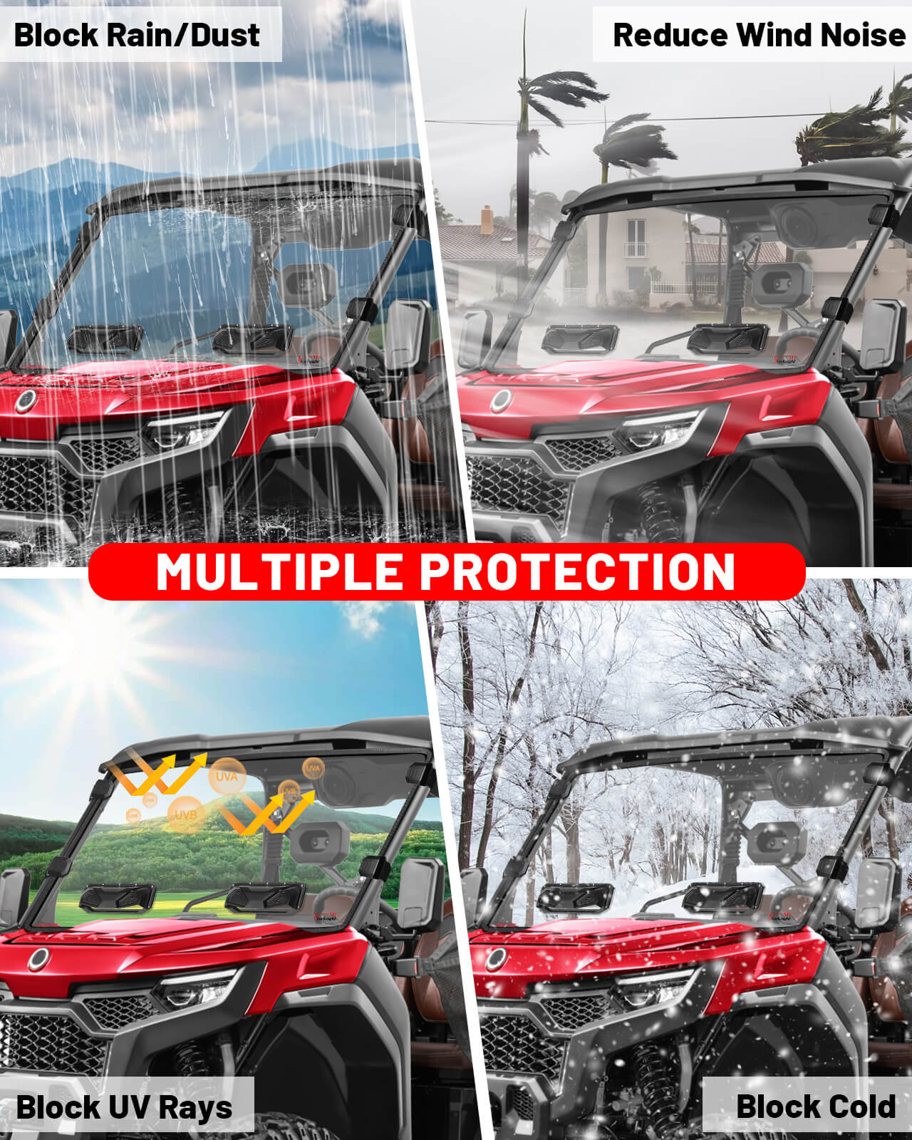 u10 pro vented windshield protection features against rain, dust, wind noise, UV rays, and cold.
