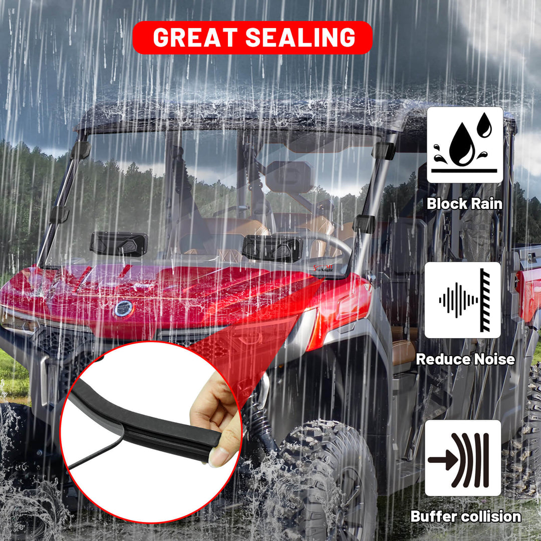  u10 pro windshield rainproofing feature, showing rain blocking and noise reduction effects.