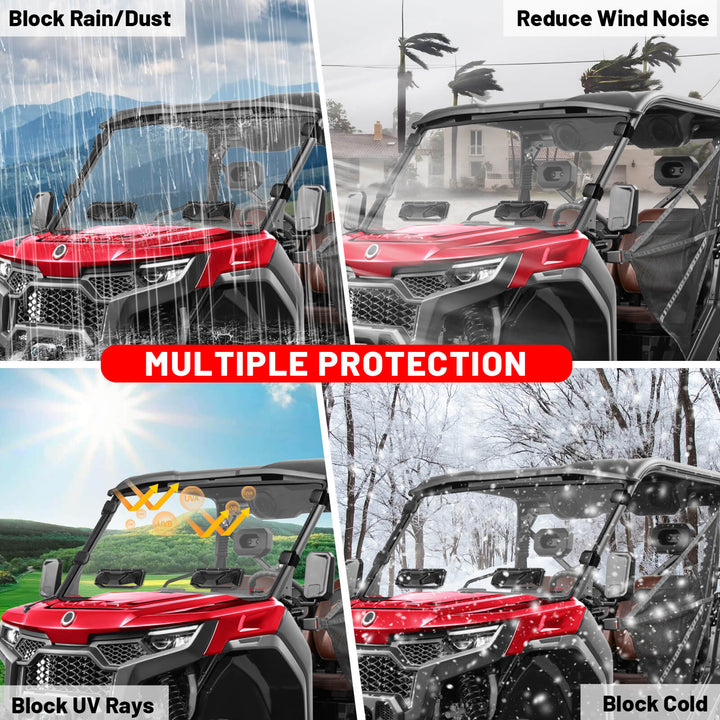 u10 pro vented windshield protection features against rain, dust, wind noise, UV rays, and cold.