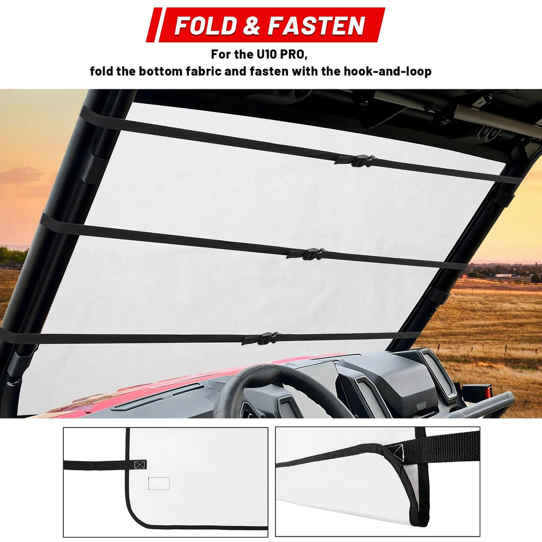 fold &amp; fasten feature of cfmoto uforce windshield snow cover