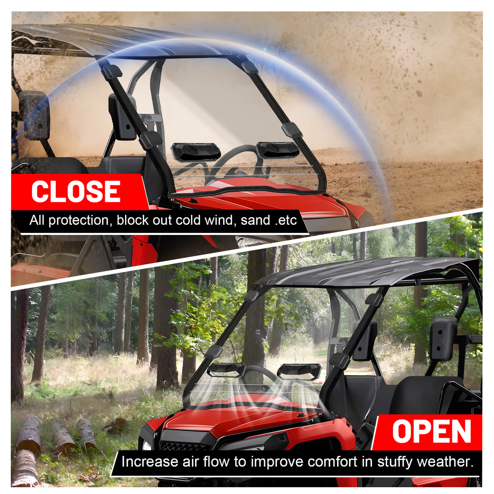 pioneer 500 vented windshield close and open positions show