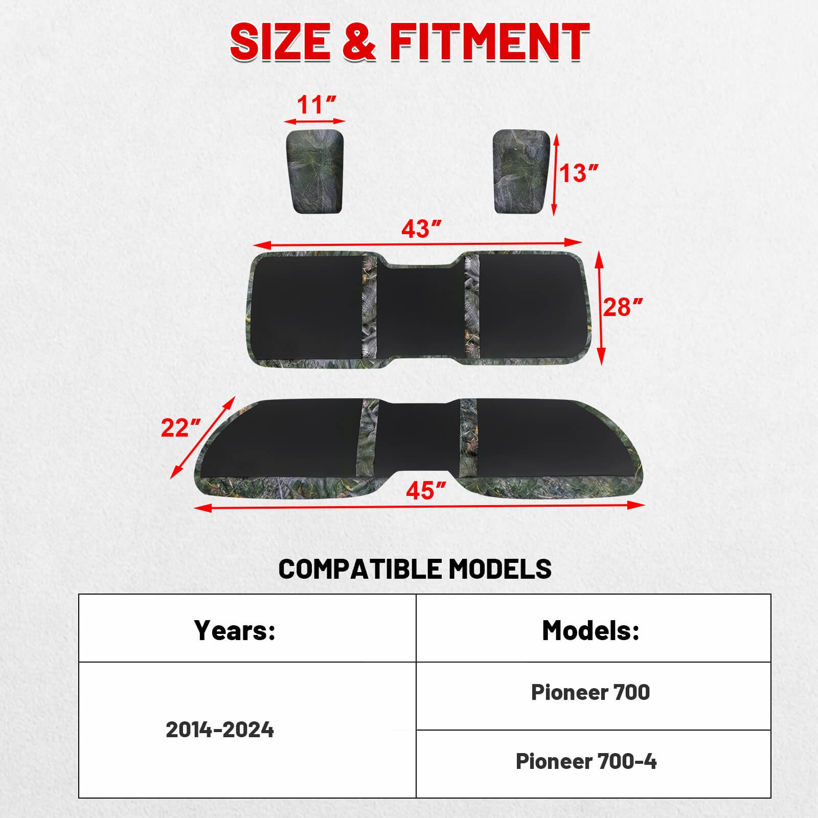 pioneer 700 seat covers with dimensions and compatibility details.