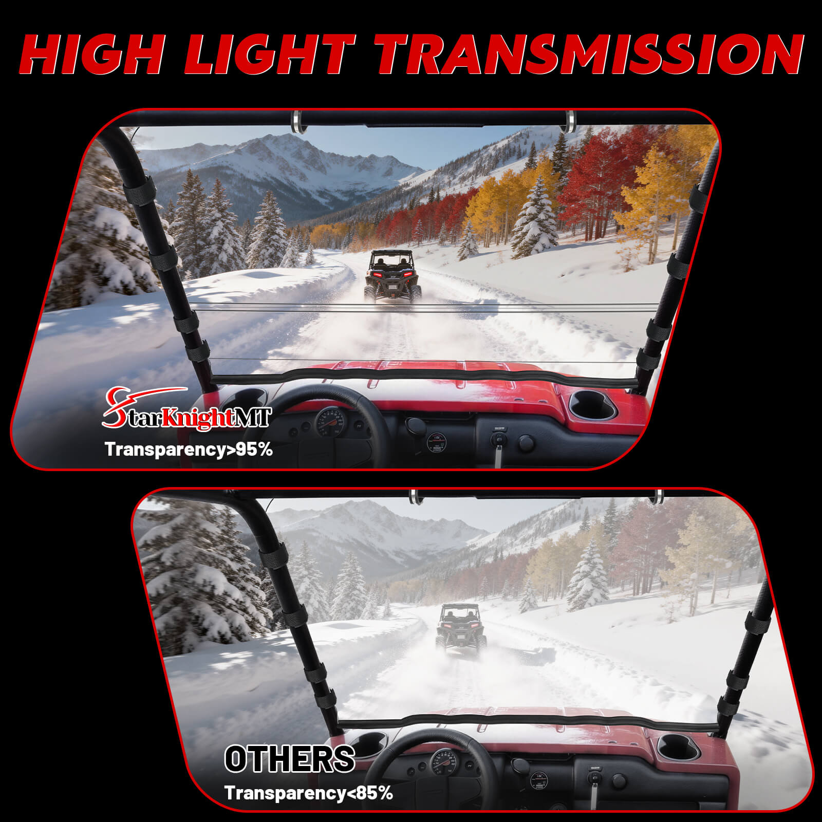 Comparative view of mule 4000 windshield with high light transmission 