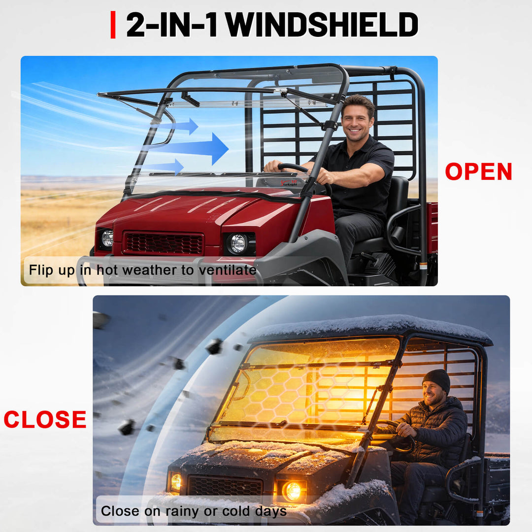 2-in-1 Design of Kawasaski Mule 4010 Flip Windshield