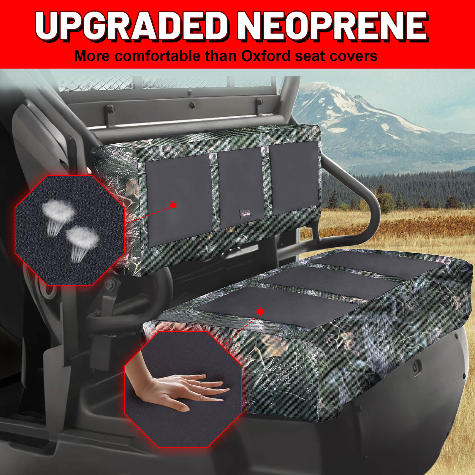 upgraded neoprene details of mule 4000 camo seat covers